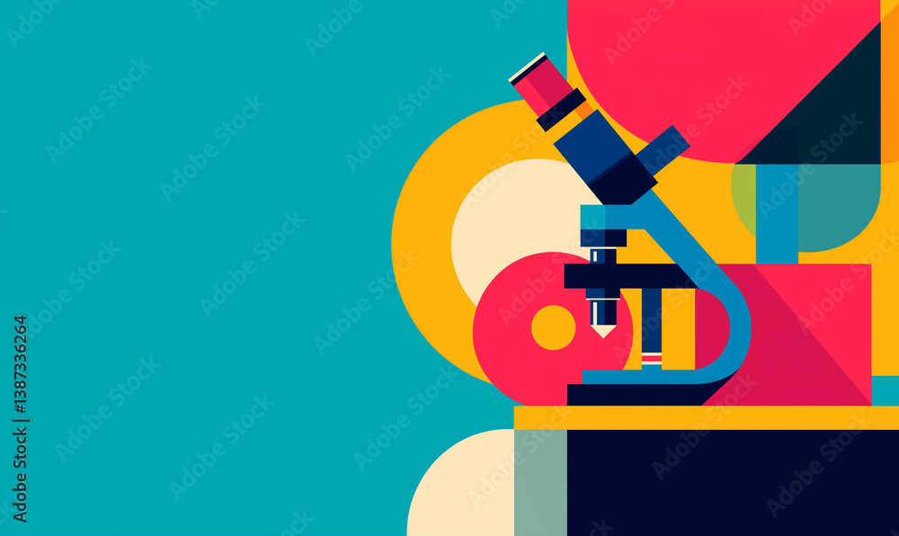 Poster abstract illustration of a microscope with colorful geometric shapes in a vibrant backdrop.