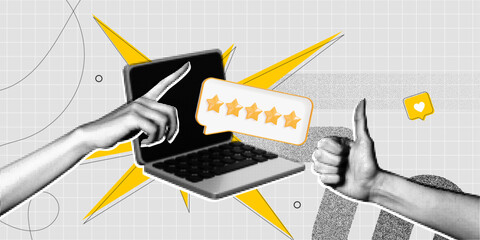 Trendy Halftone Collage Laptop with five star rating. Hand with thumbs up gesture. Online feedback or opinion. Quality review. Customer satisfaction survey. Contemporary vector illustration art