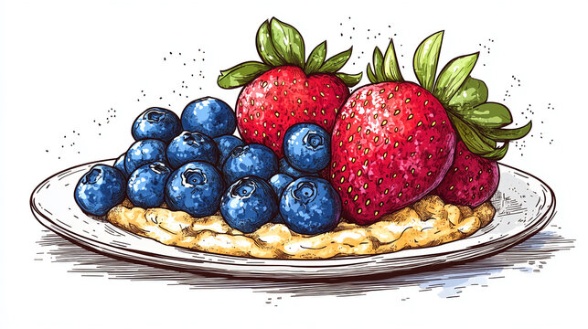 Delicious waffle with fresh strawberries and blueberries hand-drawn illustration on a white plate perfect for breakfast menus and dessert designs