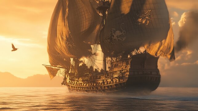 a cinematic shot of a pirate sloop sailing on the open sea in the Mediterranean