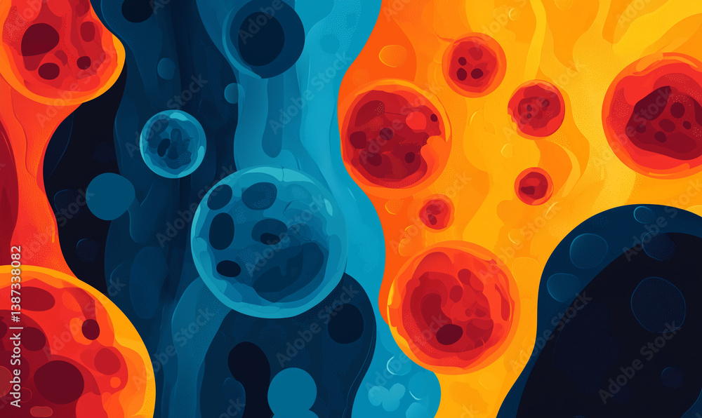 Poster dynamic interaction of cells in biotechnology research laboratory setting digital illustration abstr