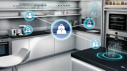 Modern kitchen with smart technology interface displaying interactive features and appliances