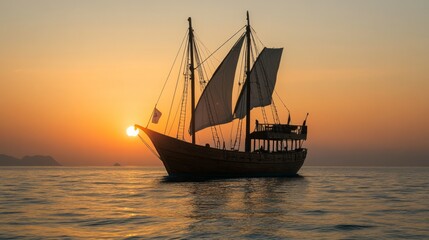 a cinematic shot of a pirate sloop sailing on the open sea in the Mediterranean