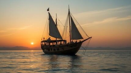 Obraz premium a cinematic shot of a pirate sloop sailing on the open sea in the Mediterranean