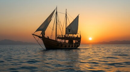 Obraz premium a cinematic shot of a pirate sloop sailing on the open sea in the Mediterranean