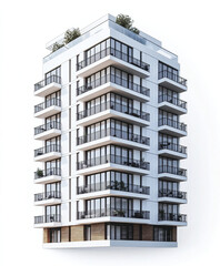 Fototapeta premium Modern multi story apartment building with balconies and rooftop greenery