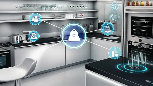 Modern kitchen with smart technology interface displaying interactive features and appliances