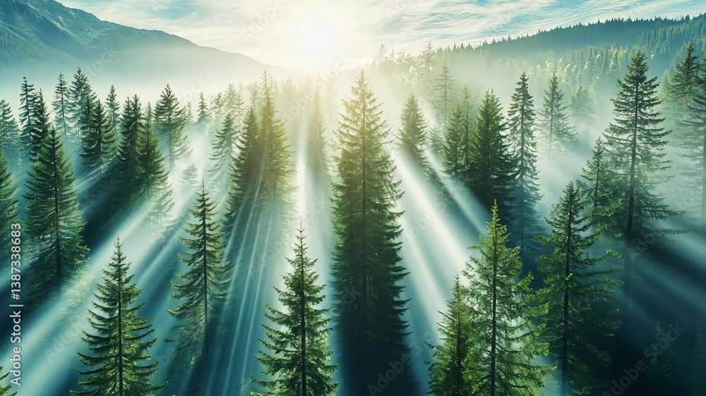 Poster sunlight filters through dense evergreen trees in a serene forest landscape at dawn