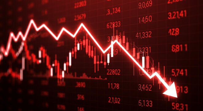 A digital illustration of a stock market crash or cryptocurrency crash. Red-themed financial chart with candlestick patterns and line graph going down sharply. Red background grid, downward arrows