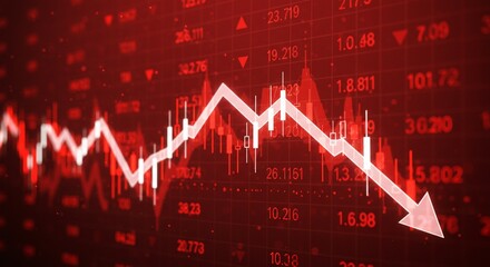 A digital illustration of a stock market crash or cryptocurrency crash. Red-themed financial chart with candlestick patterns and line graph going down sharply. Red background grid, downward arrows