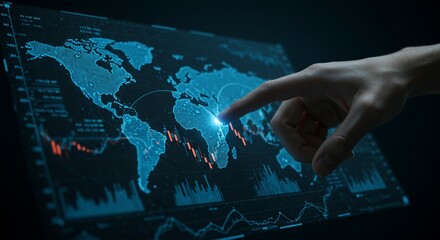 human hand touching glowing data point on stock market chart, transparent graphs, futuristic fintech interface, global data map in background, blue neon lights, cyber interface, high-resolution