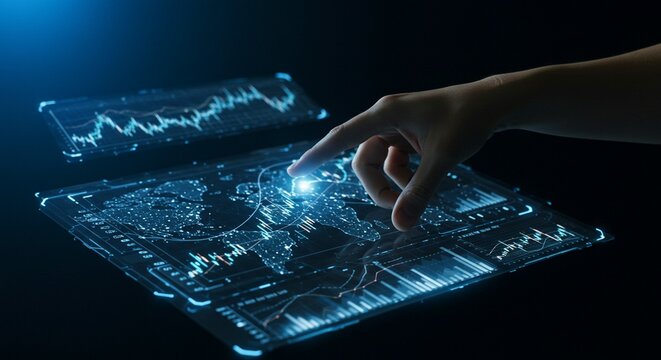 human hand touching glowing data point on stock market chart, transparent graphs, futuristic fintech interface, global data map in background, blue neon lights, cyber interface, high-resolution - Powered by Adobe