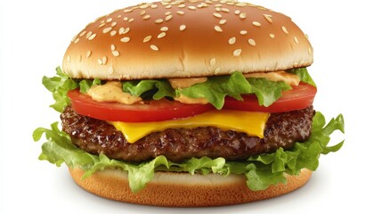 A hearty beef burger with lettuce, tomato, cheese, and a soft bun. Featuring savory and satisfying flavors