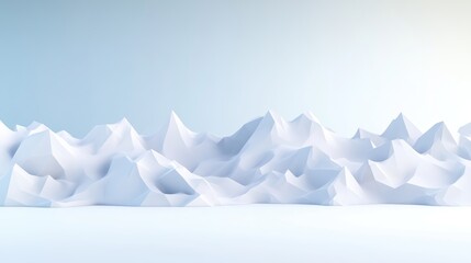 A digital rendering shows a range of stylized, white mountains. The peaks are angular and smooth, creating a minimalist landscape. The image features soft lighting and high resolution. Its clean, ab