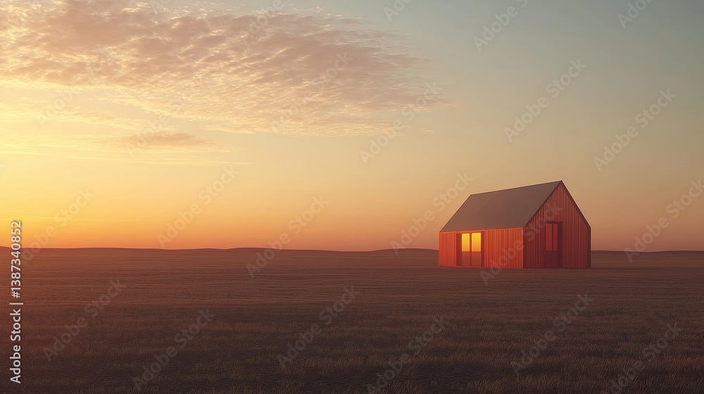 Poster A tiny house on a vast open plain, minimal lines and soft shadows