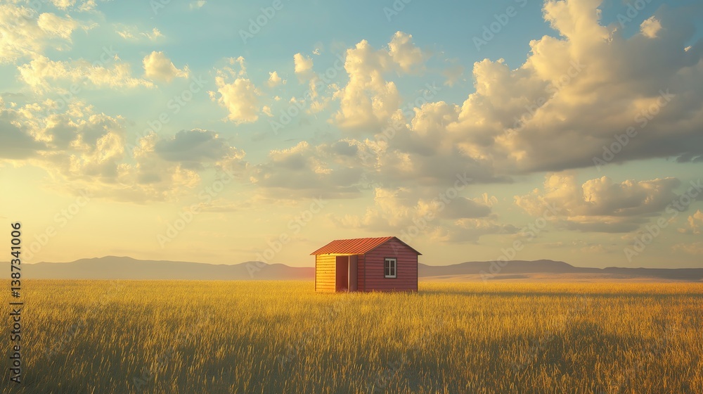 Poster A tiny house on a vast open plain, minimal lines and soft shadows