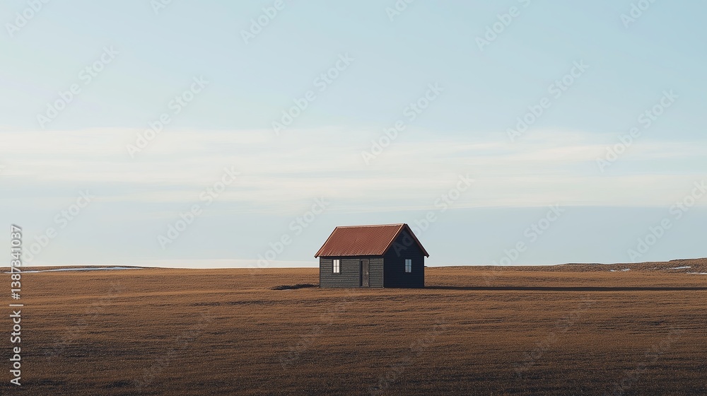 Poster A tiny house on a vast open plain, minimal lines and soft shadows