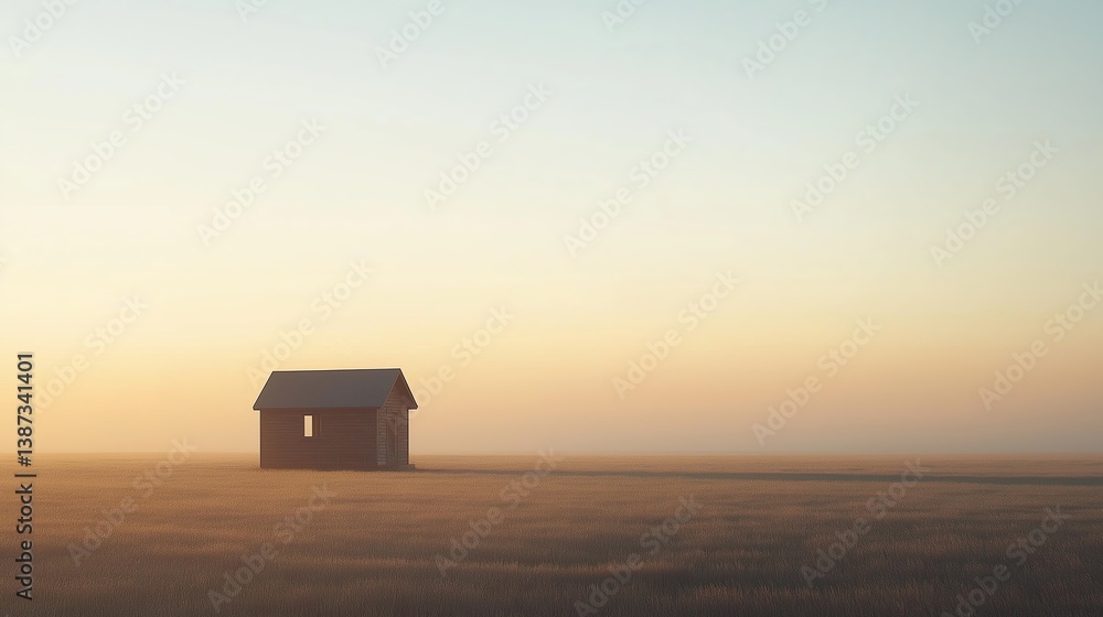 Poster A tiny house on a vast open plain, minimal lines and soft shadows
