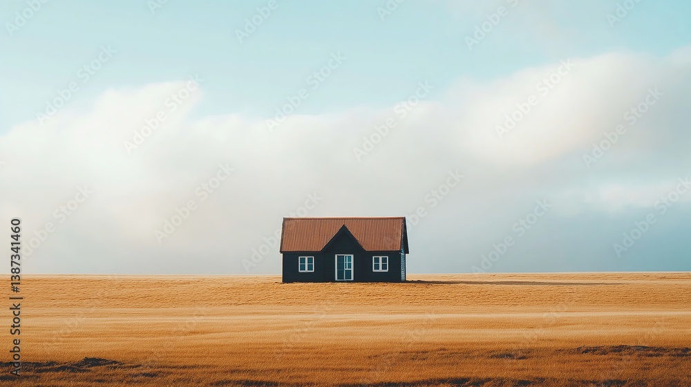 Poster A tiny house on a vast open plain, minimal lines and soft shadows