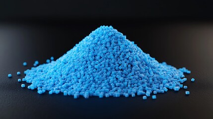 Pile of blue plastic pellets on dark background. Possible use Industrial material, 3D rendering