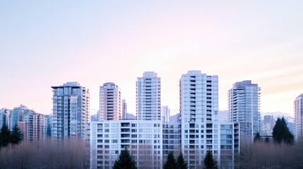 Fototapeta premium Urban cityscape at dawn. Modern high-rise apartment buildings line the horizon, with a soft pastel light