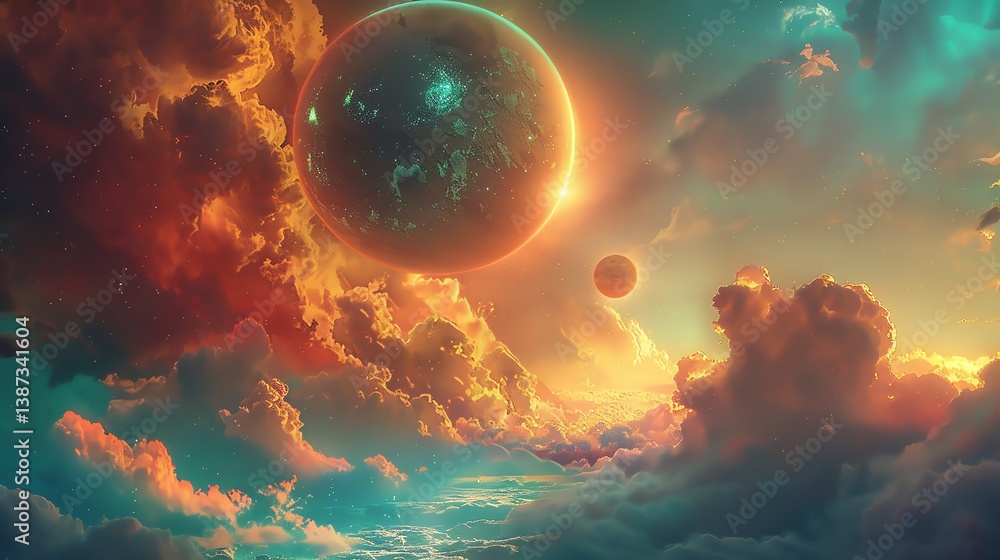 Aufkleber a beautiful landscape of an alien planet with a binary sunset. the planet is covered in clouds and t