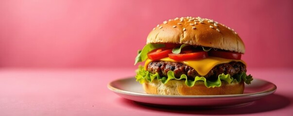 Hamburguesa de carne molida en un fondo rosa suave, comida griega, comida mediterr?nea, hamburguesa de carne