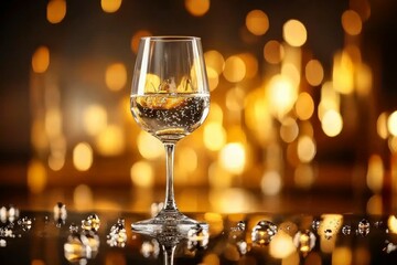 a wine glass with reflections, prime lens capturing clarity, low-key lighting for contrast