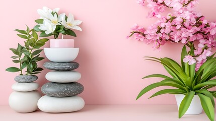 Obraz premium Pink Aesthetic Arrangement of Stones, Candles, and Flowers