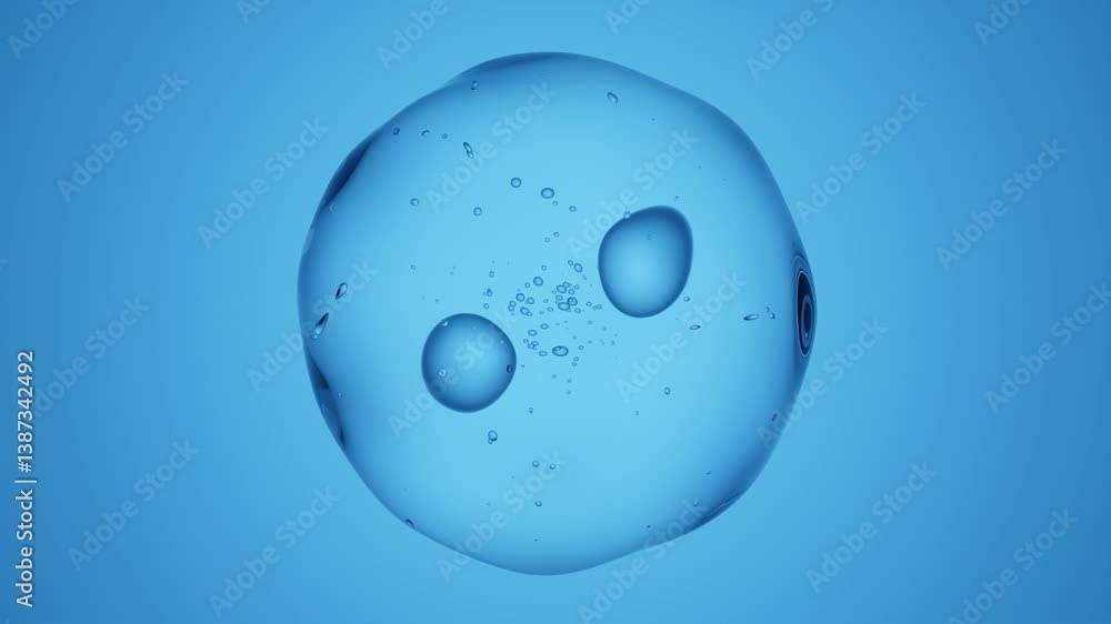 Poster abstract 3d transparent molecule with two translucent cores and embedded air bubbles on blue backgro