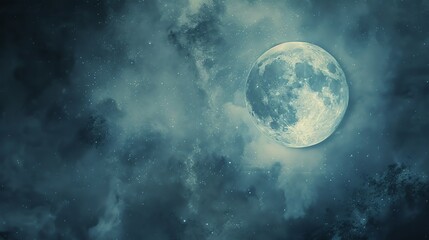 A beautiful full moon shines brightly in the night sky. The moon is surrounded by a soft glow, and there are clouds drifting in the background.
