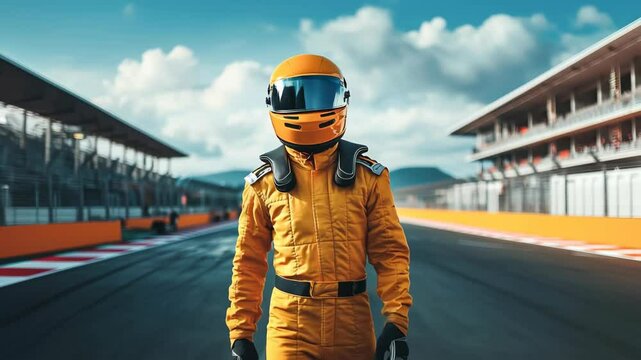Racing driver stands in yellow suit, focused on the track ahead at a motorsport circuit