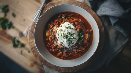 A hearty bowl of chili con carne with sour cream. Featuring warmth and comfort