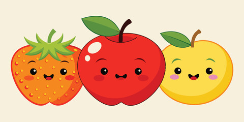 Cheerful collection of happy fruit characters showcasing joy and friendship among apples, oranges, and strawberries on a warm background
