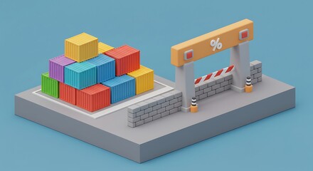 Colorful Containers Stacked Near Percentage Gate Representation of Trade or Sales
