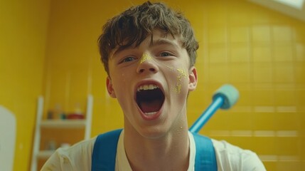 A messy teen yells, paint splattered on face and overalls, in a yellow bathroom