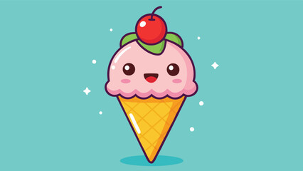 Cute cartoon ice cream cone character with sprinkles and cherry on top, celebrating joyfully against a bright blue background in a playful setting