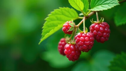 Leafy greens and stems encircle clusters of ripe raspberries, leaves, berries, foliage