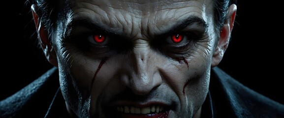 Vampire red eyes close-up, scary halloween wallpaper, HD