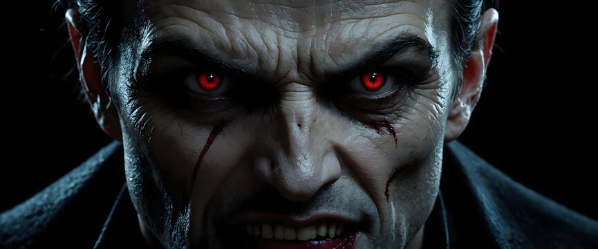 Vampire red eyes close-up, scary halloween wallpaper, HD