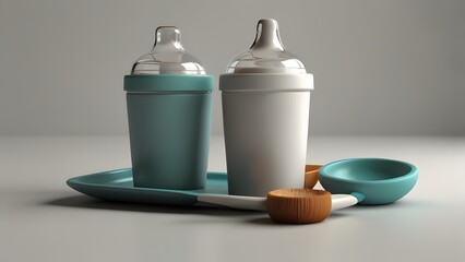 3D Render of Basic Toddler Accessories: Sippy Cup, Silicone Plate, Pacifier Holder, and Brush on Pure White Background

