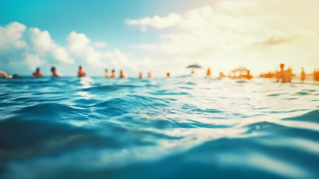 dangerous shark's fin emerging from the ocean, symbolizing danger and nature's power, with blurred vacationers in the background enjoying the water