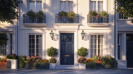 Fototapeta premium Elegant white facade of classic row houses with lush plants