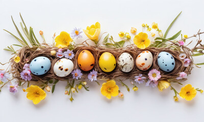 Colorful Easter eggs arranged with spring flowers in a natural nest on a white background