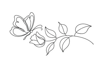 One Line Drawing Butterfly Rose Flower Stem Minimalist Botanical Illustration