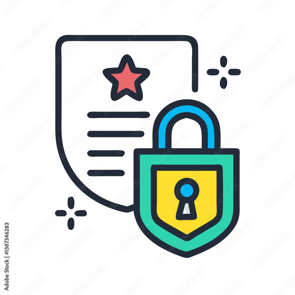 Poster secure document with padlock and star flat icon