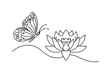 Obraz premium Butterfly Flying Towards Lotus Flower Outline Vector Illustration Simple Design