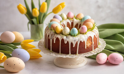 Colorful spring cake adorned with pastel eggs and fresh tulips in a bright setting