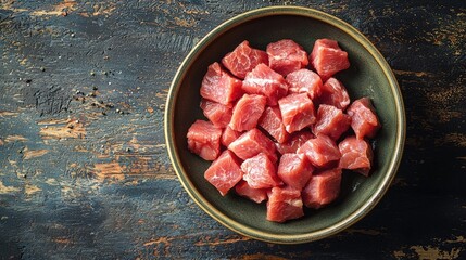 Fresh bowl of raw meat prepared for a pet dog in a clean setting with ample copy space for text and branding
