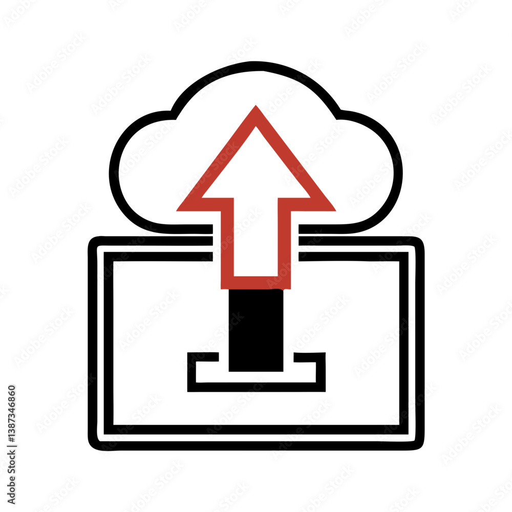 Poster cloud upload icon with red arrow in outlined style
